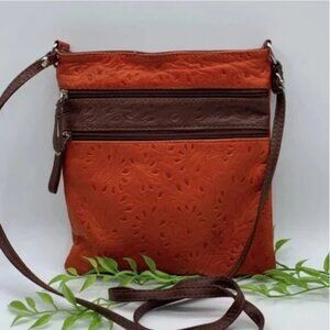 Vera Pelle Genuine Leather with Embossed Detail Crossbody Orange and Brown Color
